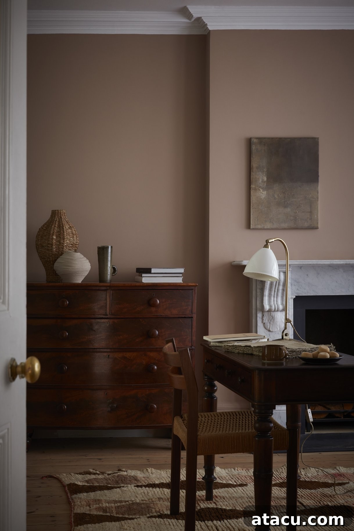 Modern interior design featuring Little Greene Mochi on the walls, a pale, comforting neutral that expands the sense of space and tranquility.