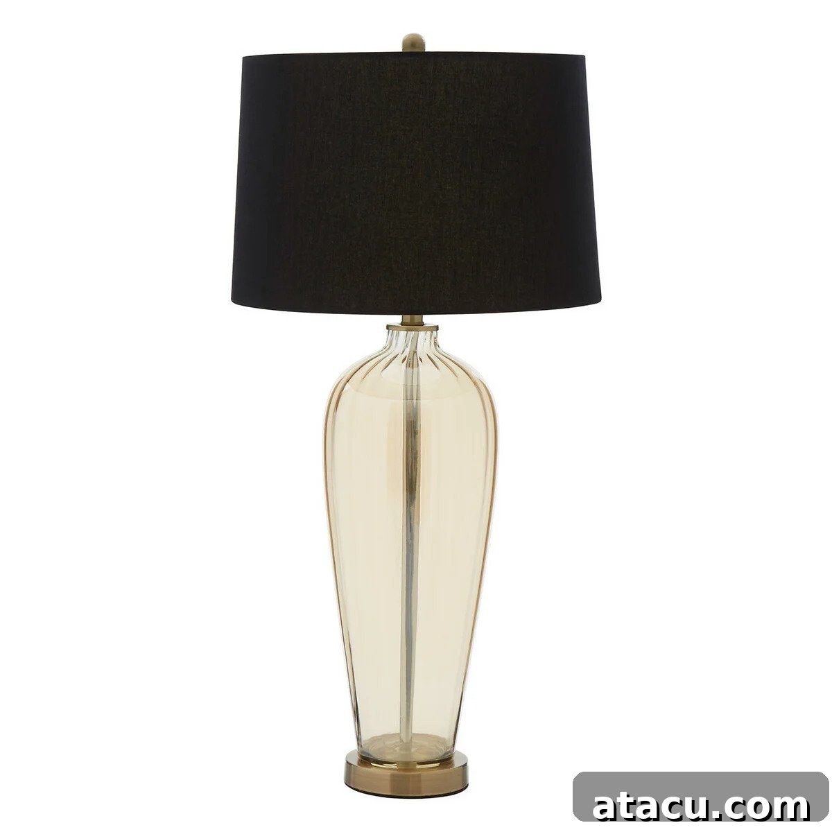 Tall amber glass table lamp with a black shade from La Redoute.