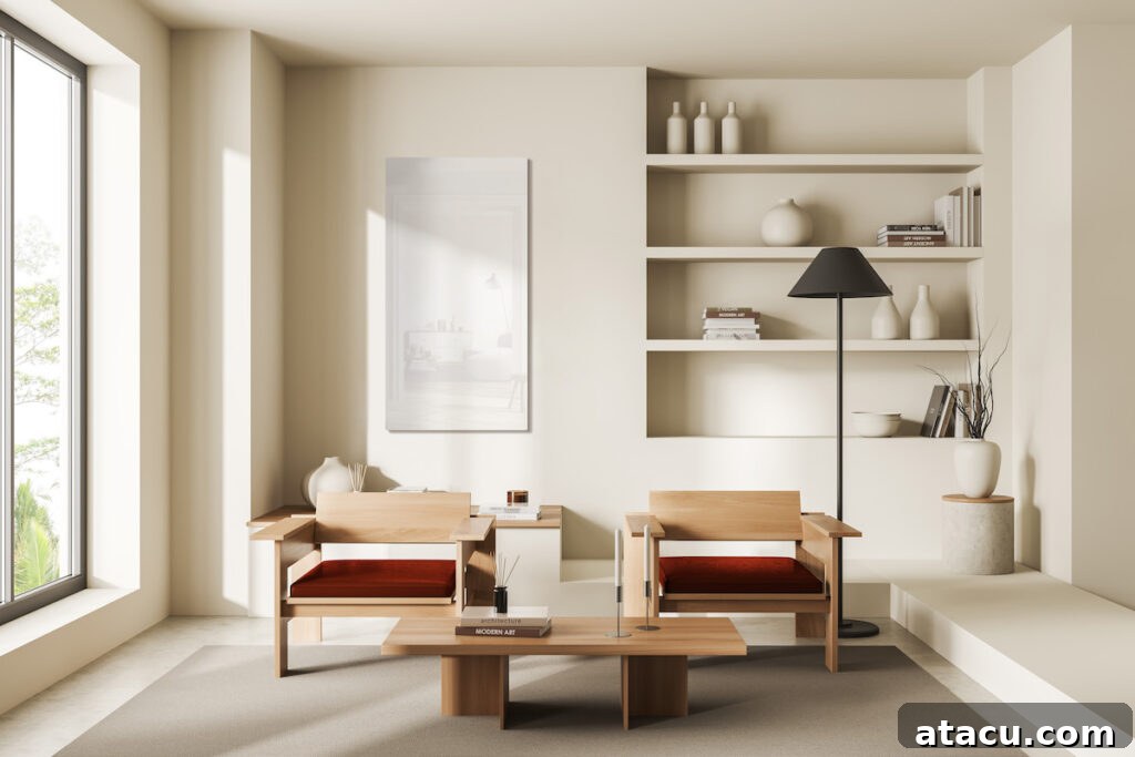 Modern living room with sleek white minimalist infrared panel heating.