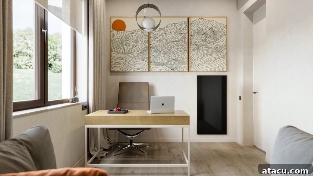 A modern home office with a desk and chair and black infrared heating panel on the wall.