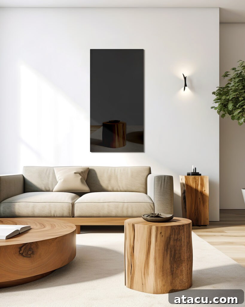 A minimalist living room featuring a sleek black infrared panel heating system mounted on the wall. The space is styled with a neutral-toned sofa, a round wooden coffee table, and natural wood accents, creating a warm and inviting atmosphere.