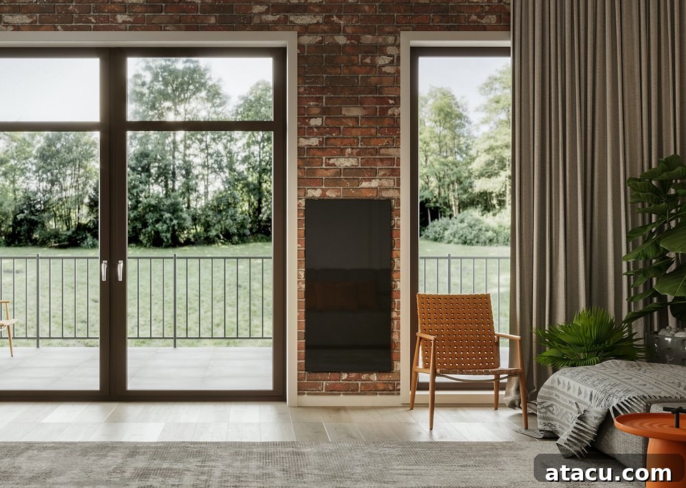 A modern living room with a sleek minimalist black infrared heating panel.