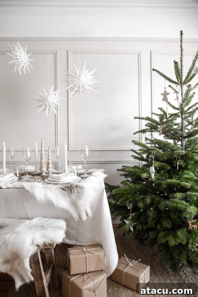 A beautifully set festive table featuring simple natural Christmas decorations and cozy reindeer skin rugs, creating a warm, rustic ambiance.