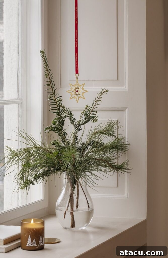 A clear glass vase filled with an abundant display of fresh, festive foliage, perfect for natural Christmas decor.