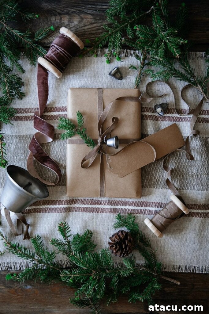 A beautifully wrapped Christmas parcel in brown kraft paper, adorned with ribbons and a sprig of fresh spruce.