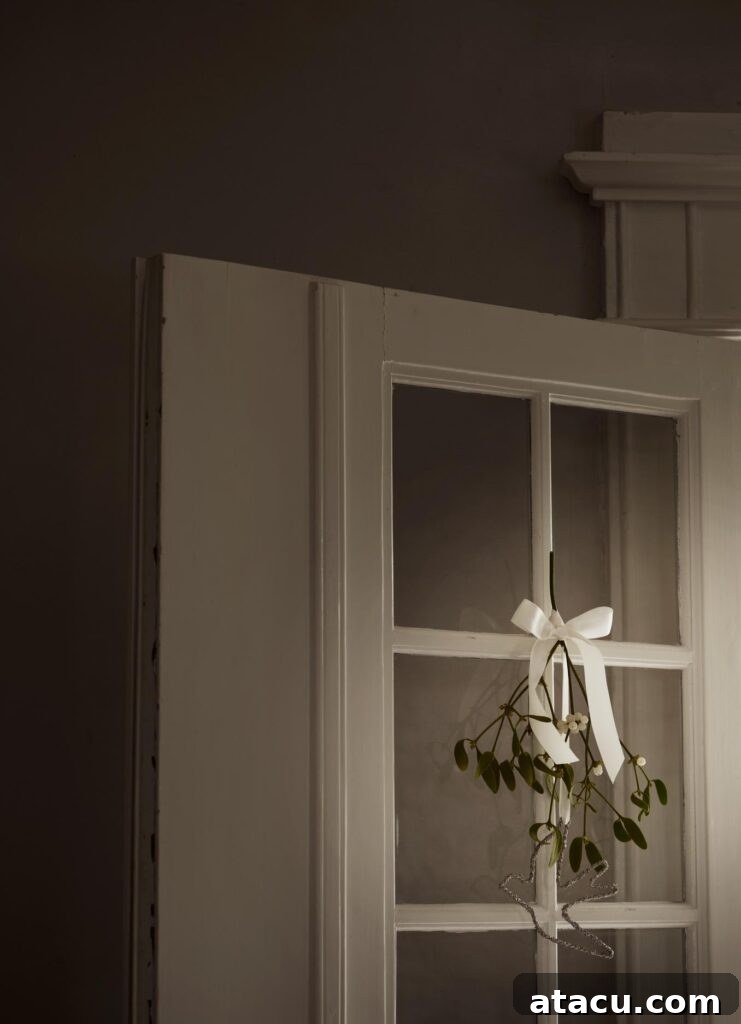 Natural Christmas Decorations: Mistletoe gracefully hanging on a white door, tied with a simple white bow.