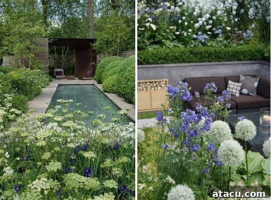 Lush, naturalistic show garden at Chelsea Flower Show, evoking a dream-like atmosphere