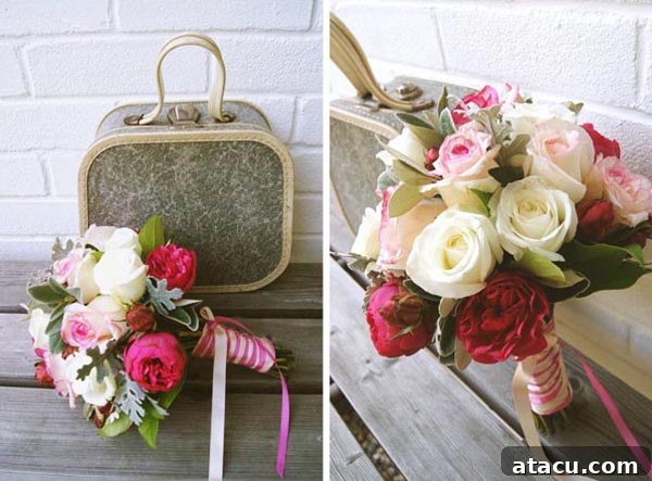 A charming vintage scene with an open suitcase overflowing with beautiful pastel flowers, a smaller closed vanity case, a retro camera, and a wide-brimmed hat, all arranged on a wooden floor.