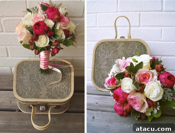 A beautifully styled flat lay featuring an open vintage suitcase filled with flowers, a closed vanity case, a retro camera, and a straw hat, all arranged to evoke a vintage travel or holiday theme.