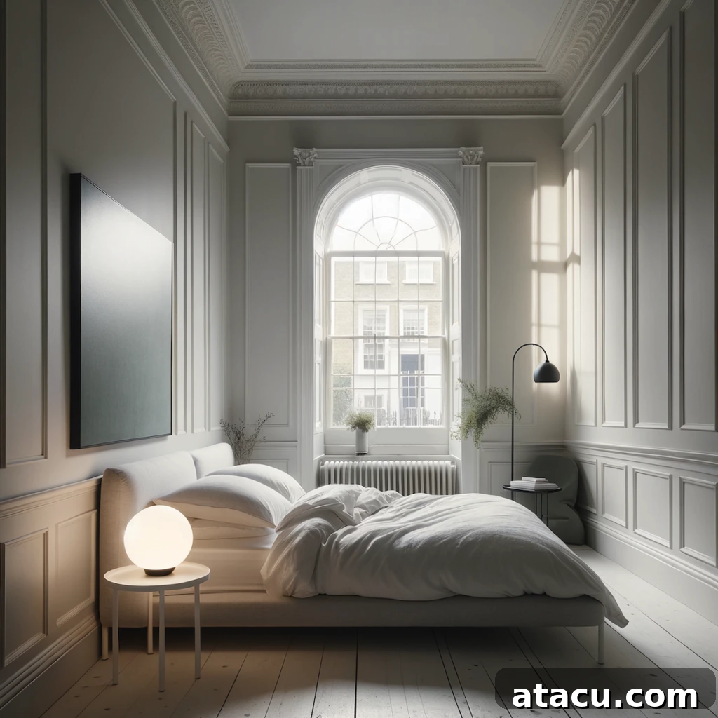 A wellness design for a minimalist bedroom in a London townhouse with a SAD lamp to promote wellbeing
