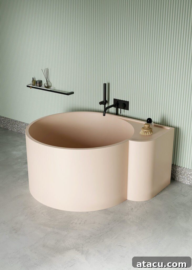 A contemporary bathroom featuring a statement colored washbasin and sleek design.