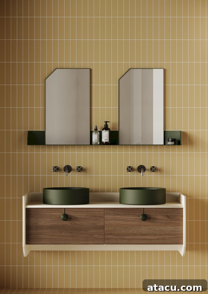 A modern bathroom featuring twin coloured washbasins, creating a symmetrical and stylish focal point.