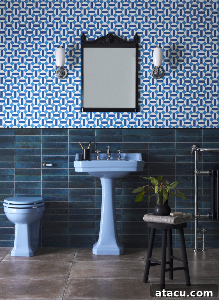 A classic-inspired blue bathroom suite exuding vintage charm with modern sensibilities.