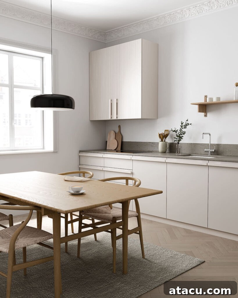 A cream contemporary kitchen with herringbone flooring.