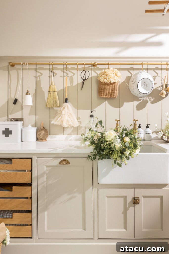 A cream kitchen with a belfast sink and brass taps and hardware
