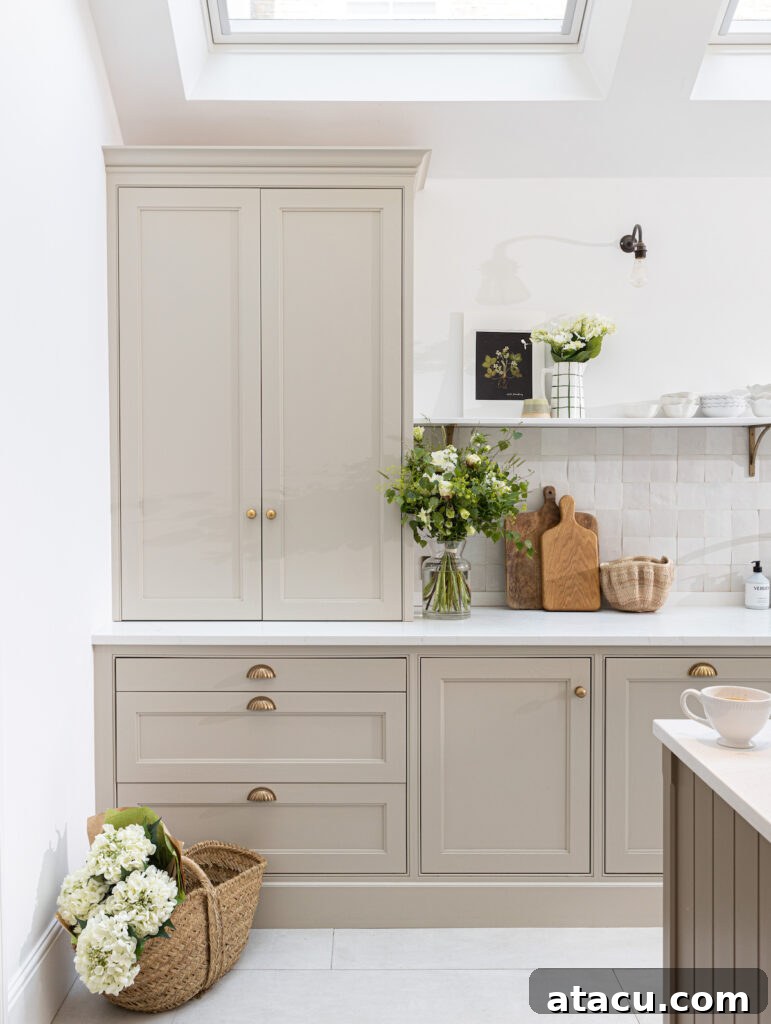 A cream shaker style kitchen with brass hardware