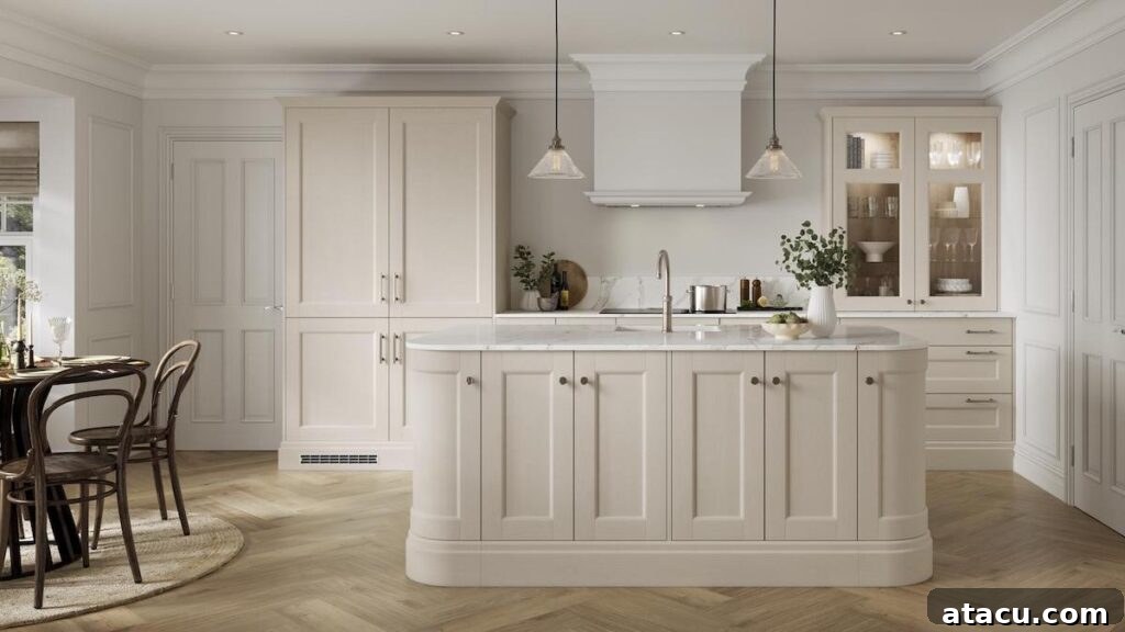 A cream fitted kitchen with a large island
