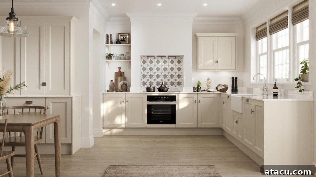 A cream Shaker style kitchen with marble worktops