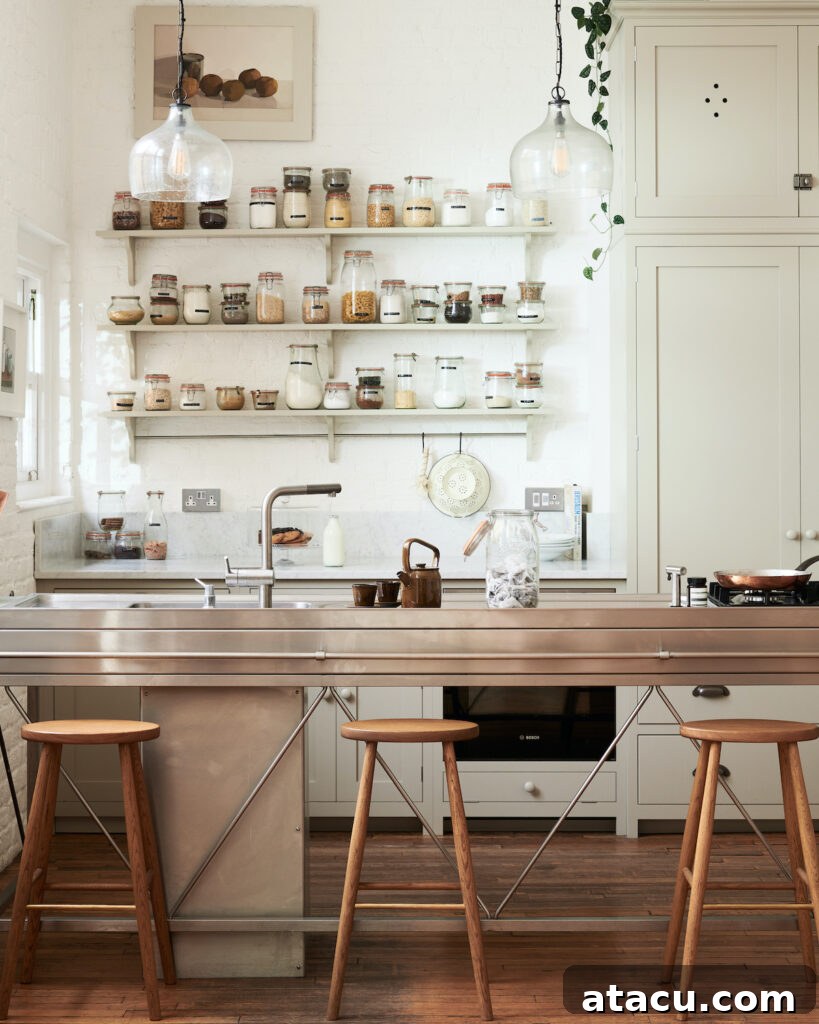 A cream shaker style devol kitchen with a stainless steel island