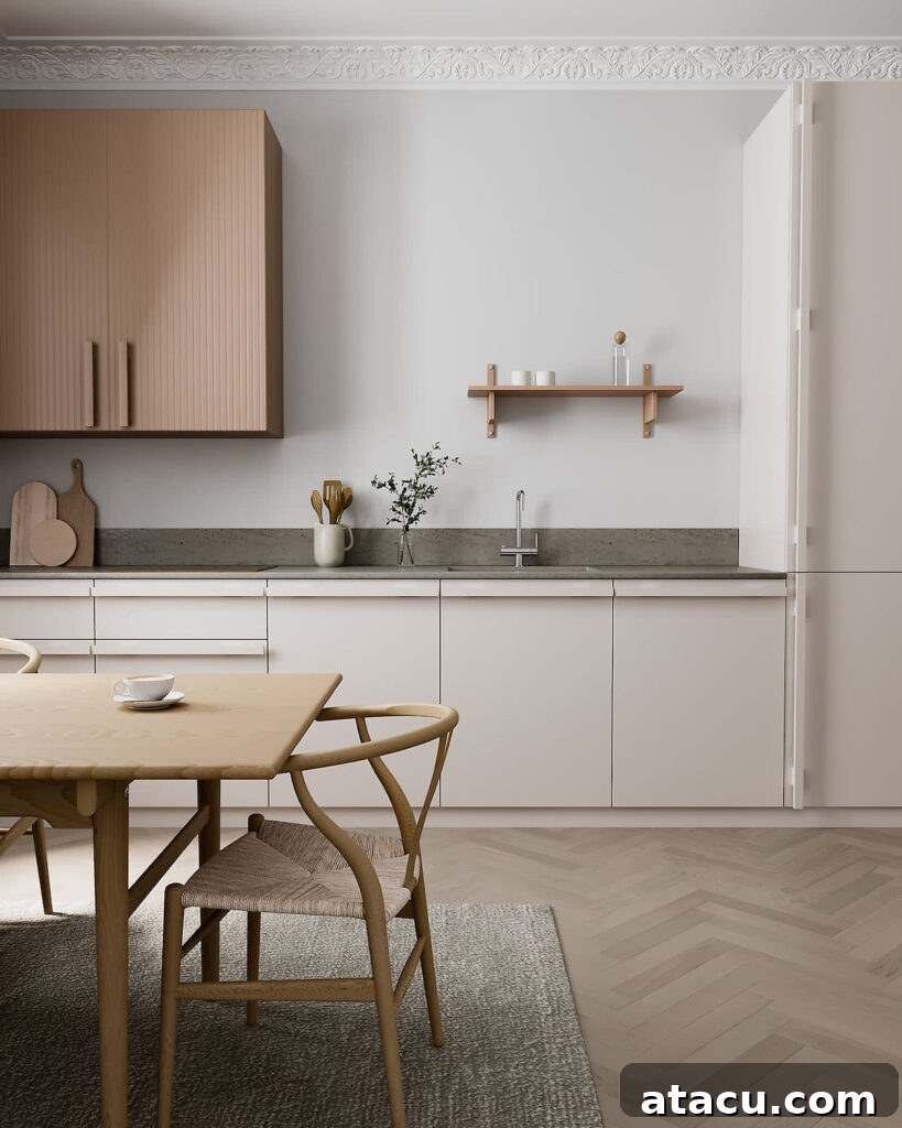A cream contemporary kitchen with herringbone flooring.