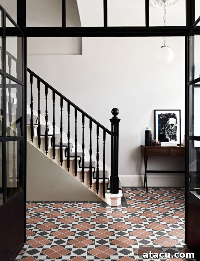 A chequerboard tiled hallway.