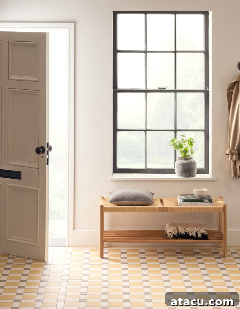 A light-filled hallway with yellow Victorian floor tiles