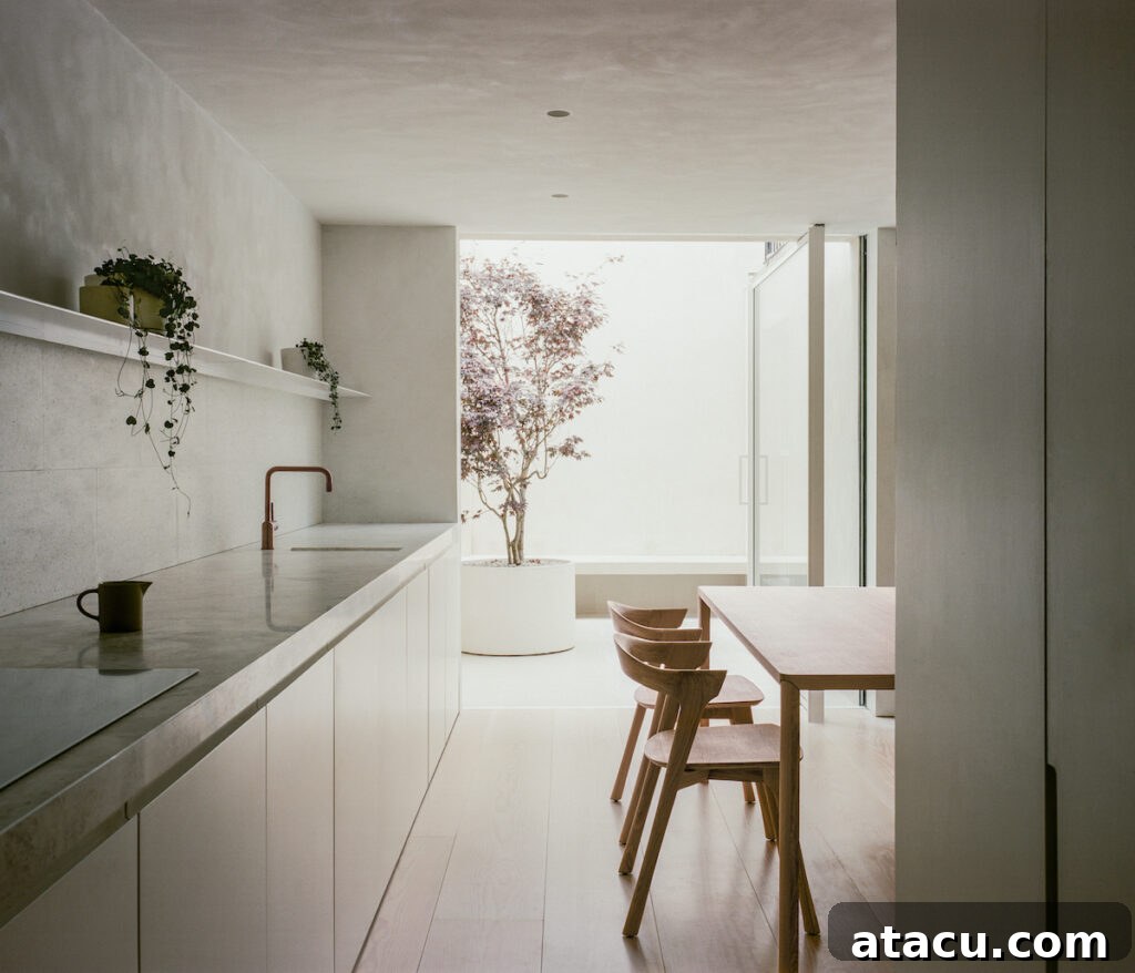 21 Jaw-Dropping Kitchen Extension Designs 11 A serene minimalist kitchen extension characterized by clean lines, natural materials, and an uncluttered aesthetic.