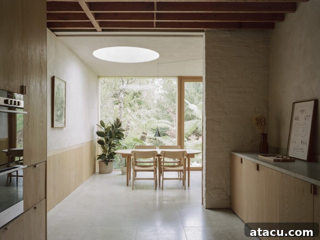 21 Jaw-Dropping Kitchen Extension Designs 16 A modern kitchen extension bathed in natural light from a large, circular skylight, creating an airy atmosphere.