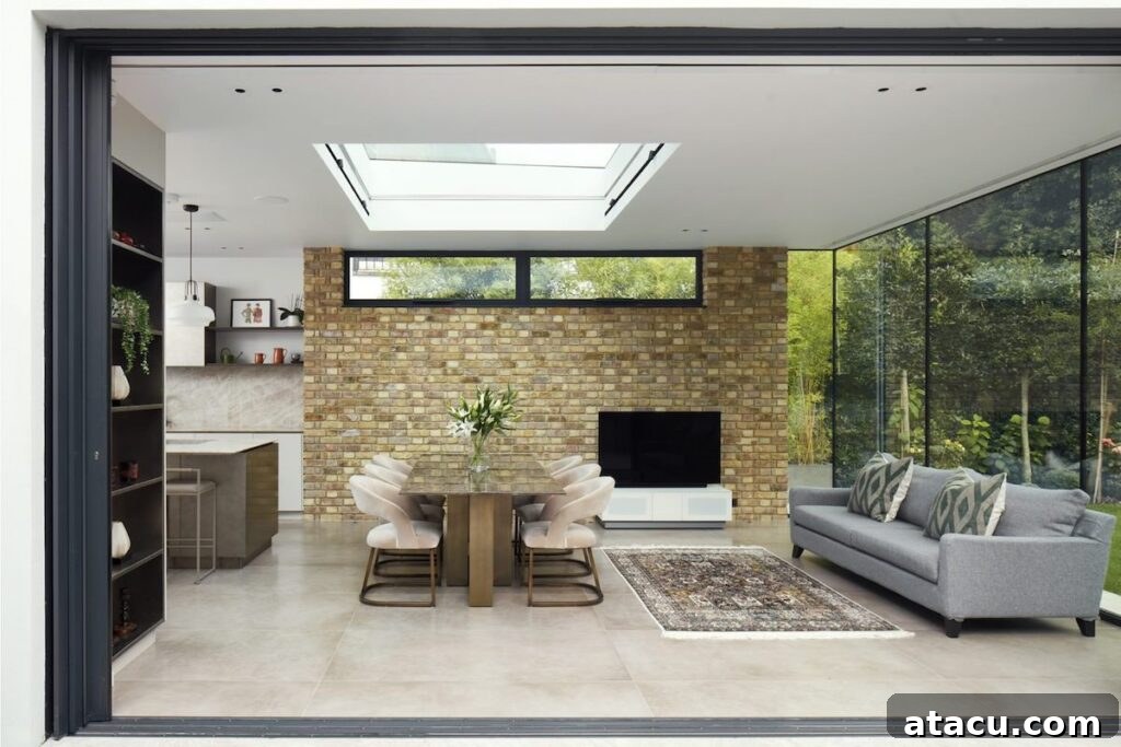 21 Jaw-Dropping Kitchen Extension Designs 17 An expansive modern kitchen extension with floor-to-ceiling glass windows, designed for an open-plan living experience.