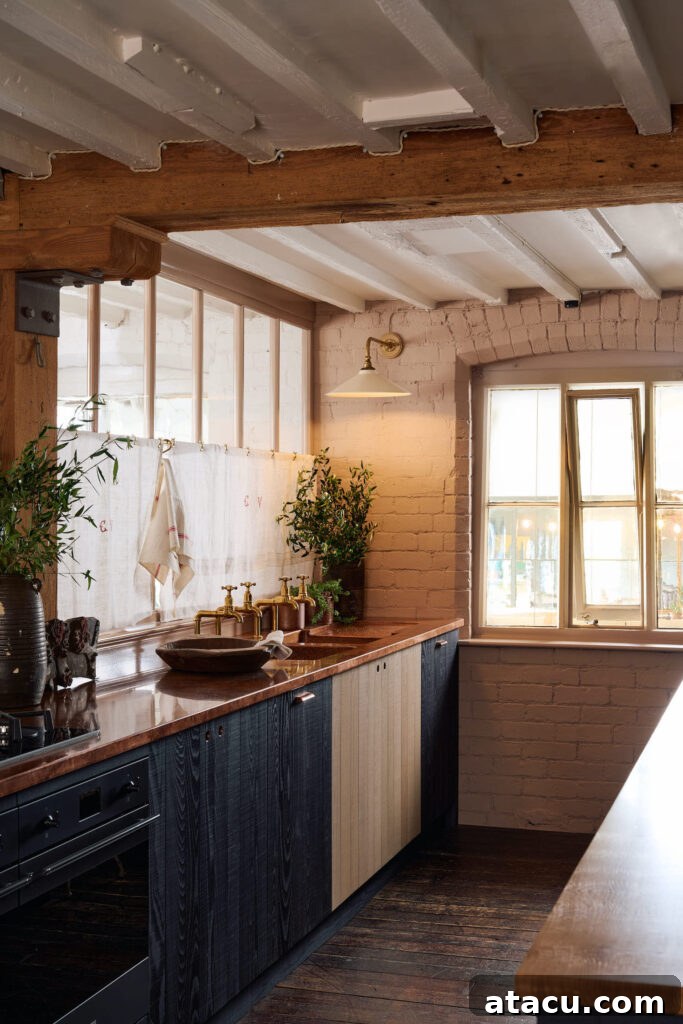 Gleaming copper kitchen countertops adding warmth and elegance to a culinary space.