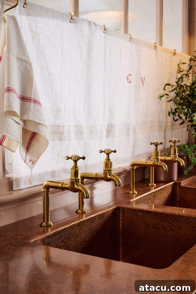 Warm copper worktops creating a luxurious and inviting kitchen atmosphere.