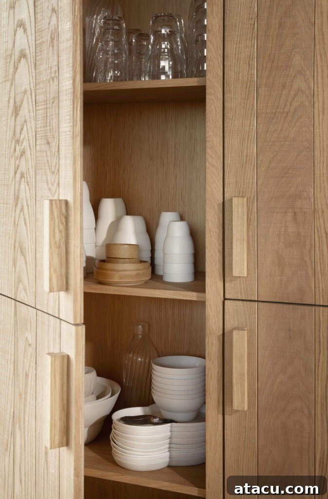 Wooden kitchen cabinets.