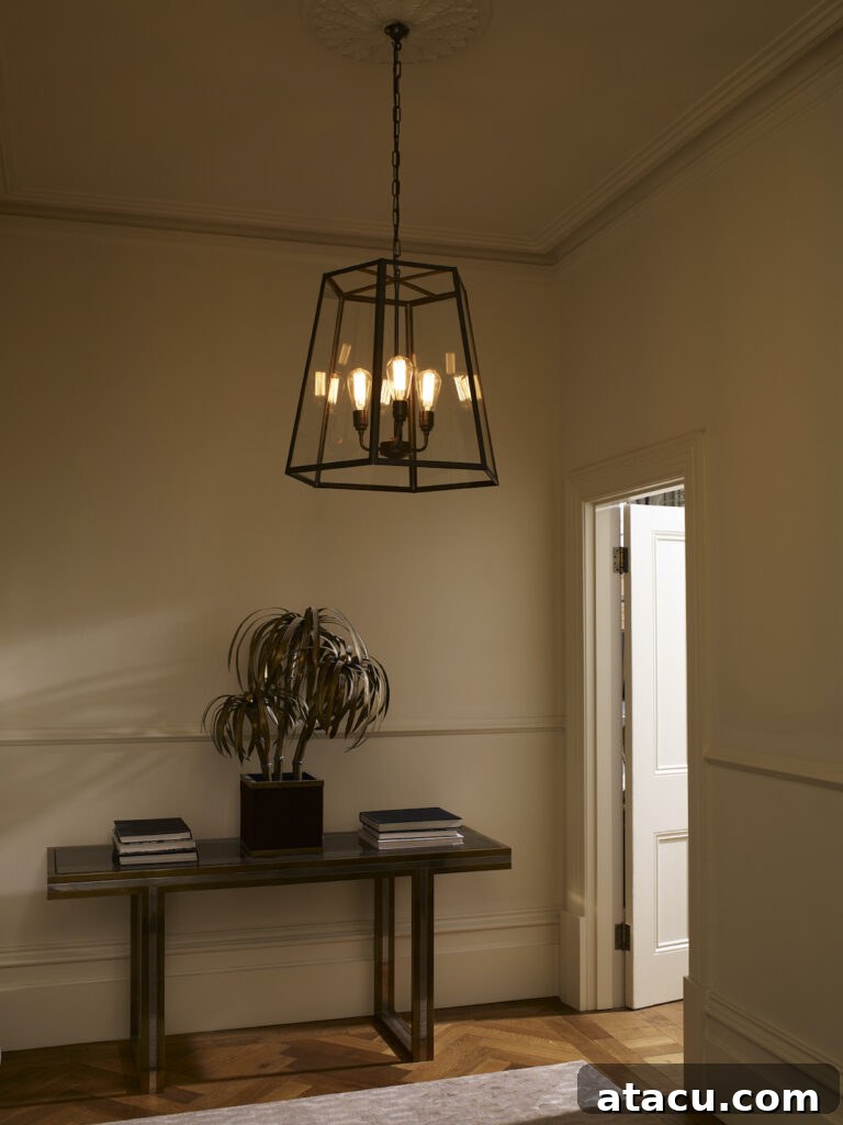 Transform Your Hallways: Inspiring Lighting Ideas for a Radiant Home 5 Hallway lighting ideas featuring a weathered brass and glass pendant light, adding modern elegance to a spacious hallway.