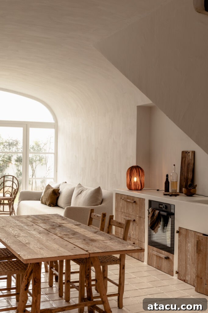 A modern rustic style kitchen, featuring natural materials and clean lines.