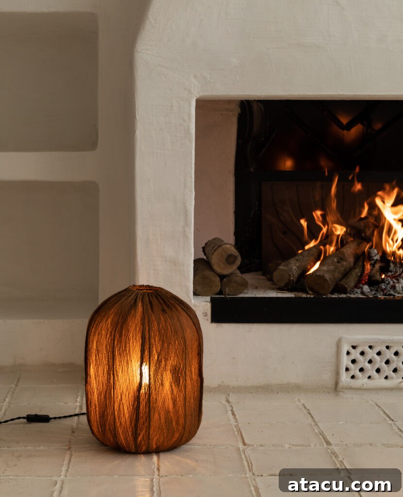 A cozy fireplace in a modern rustic style interior, perfect for cool evenings.