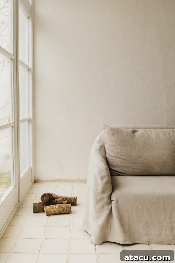 A modern rustic style interior with a beige sofa covered in linen slipcovers, emphasizing comfort and natural tones.