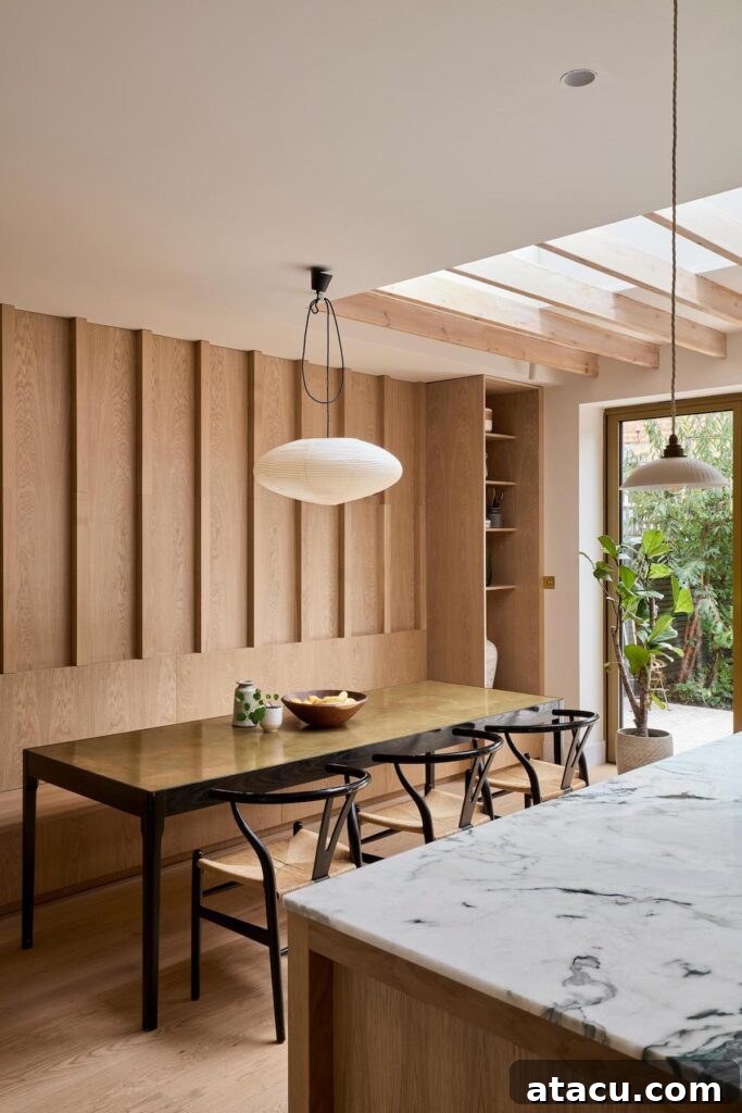 Detail shot of the Scandinavian kitchen, highlighting the natural materials and muted colour palette.