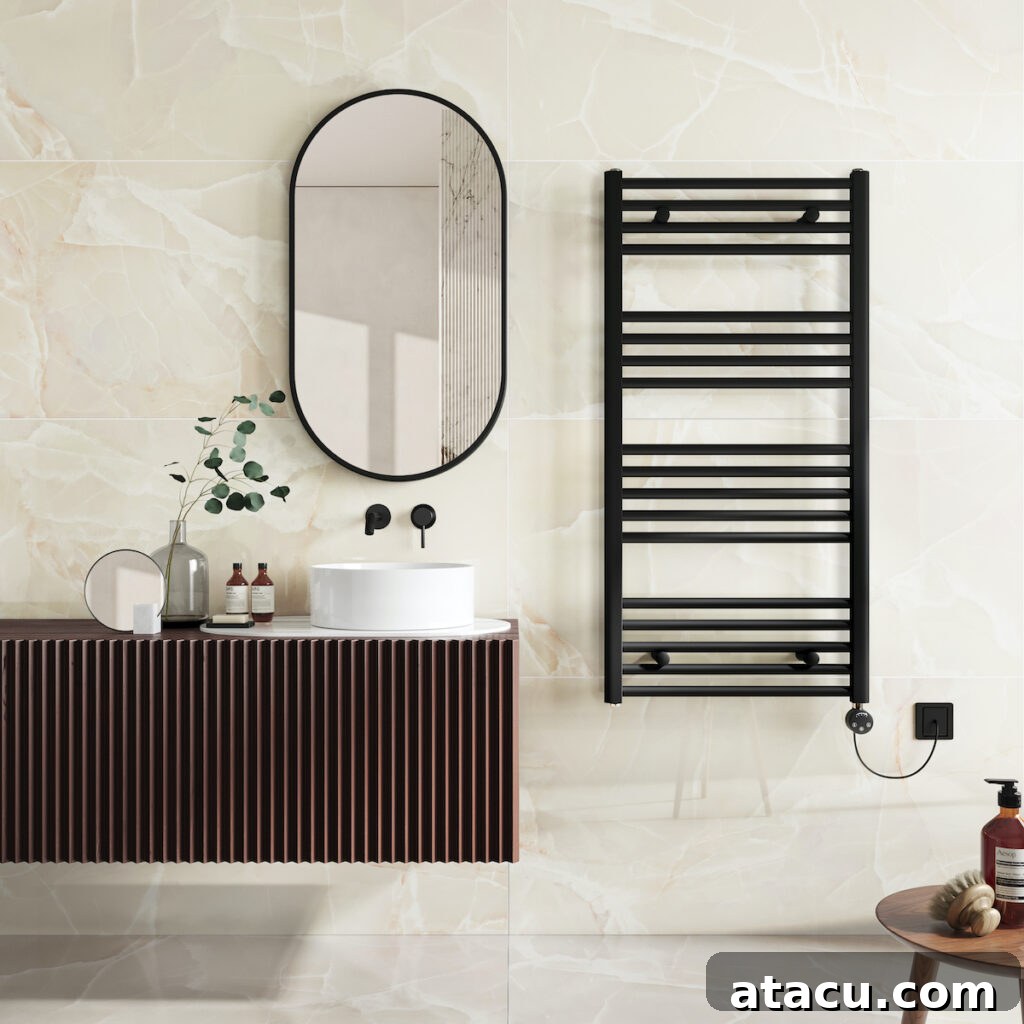 Large format beige onyx marble effect wall tiles creating an expansive feel in a contemporary small bathroom.