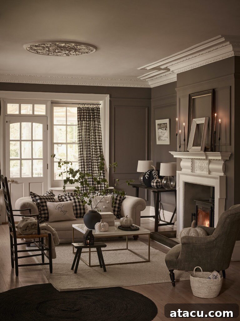 A cosy inviting living room with a warm fireplace and gingham curtains and cushions designed by Stacey Solomon for George Home at Asda.