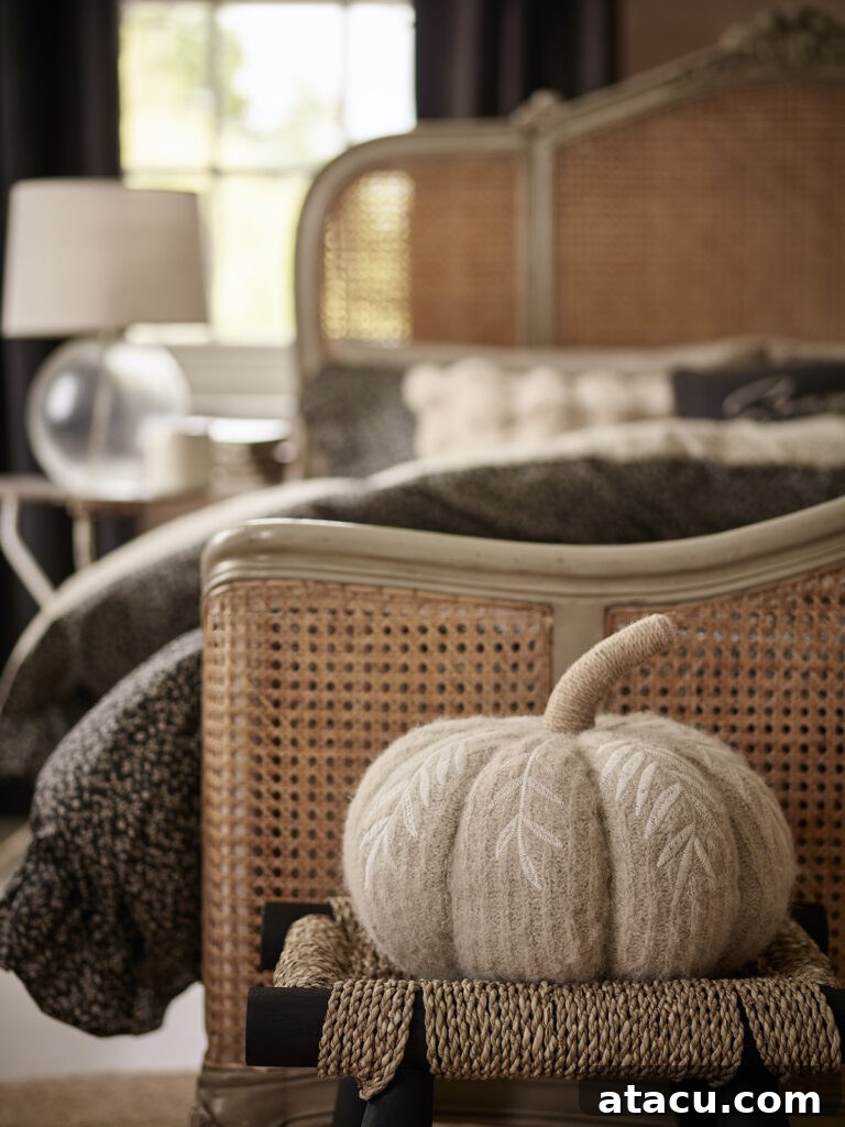 A beige knitted pumpkin cushion designed by Stacey Solomon for George Home at Asda next to a rattan sofa in an elegant living room.