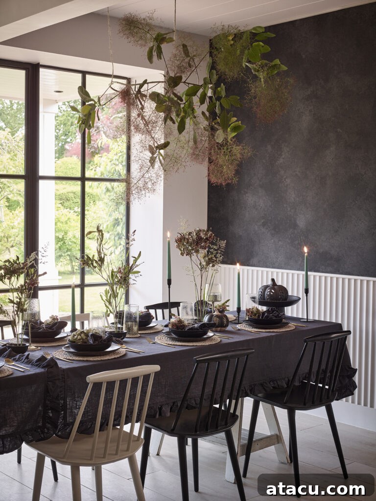 An elegant table laid with autumn table decoration for halloween.