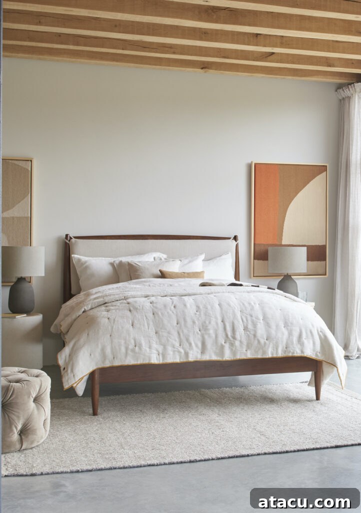 A light spacious bedroom with a warm bedroom aesthetic.