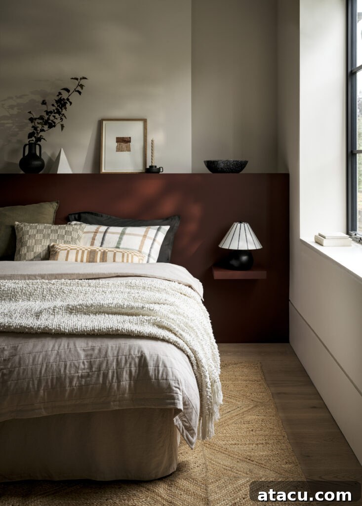 A cosy bedroom with a warm bedroom aesthetic. The bed is dressed with seersucker bedding and the colour tones are warm and autumnal.