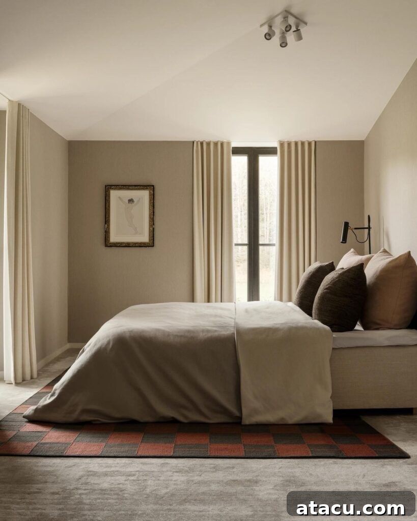A cosy bedroom with a chequered rug showcasing a warm bedroom aesthetic.