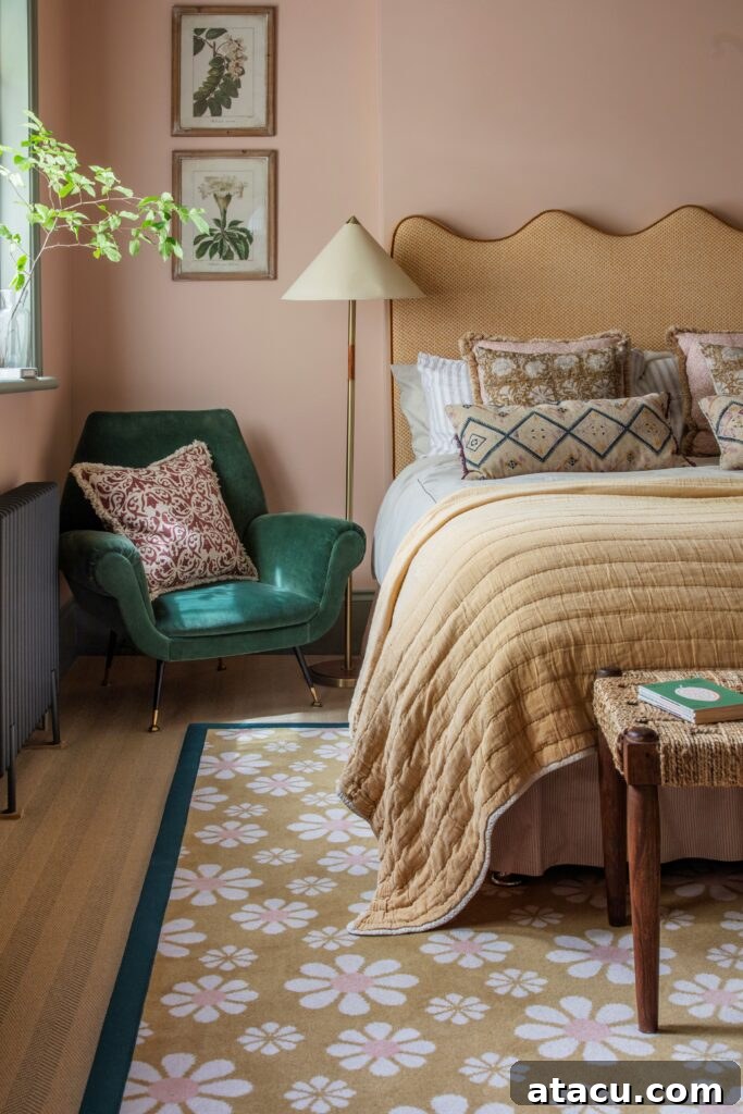 A cosy bedroom with a warm bedroom aesthetic and a pretty patterned rug on the floor.
