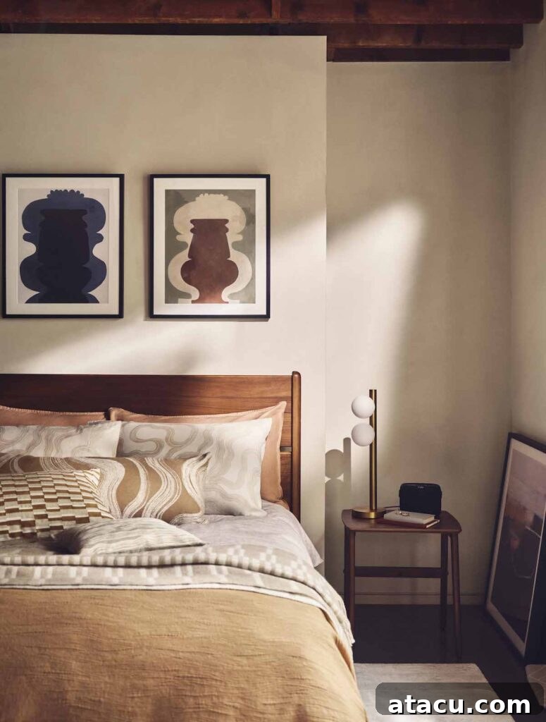 A cosy bedroom with a warm bedroom aesthetic