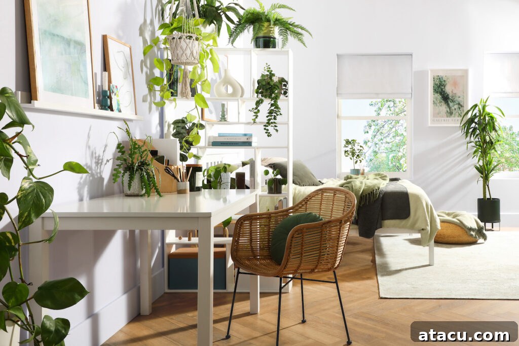 A light and airy home office and bedroom in a biophilic design with lots of houseplants.