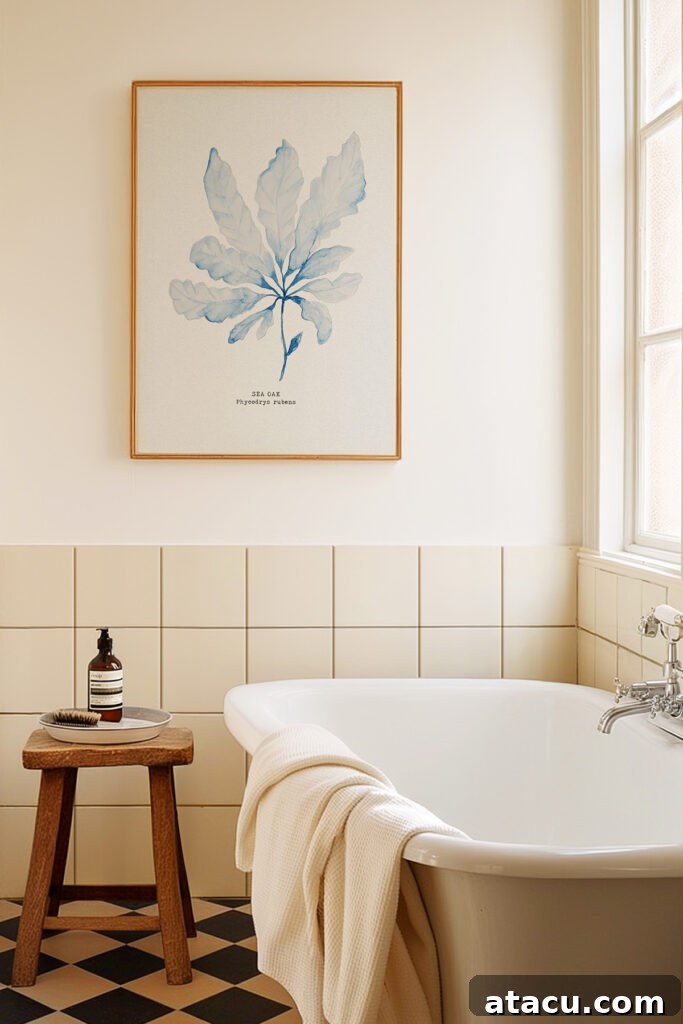 A blue watercolour seaweed art print in a calm cream bathroom.