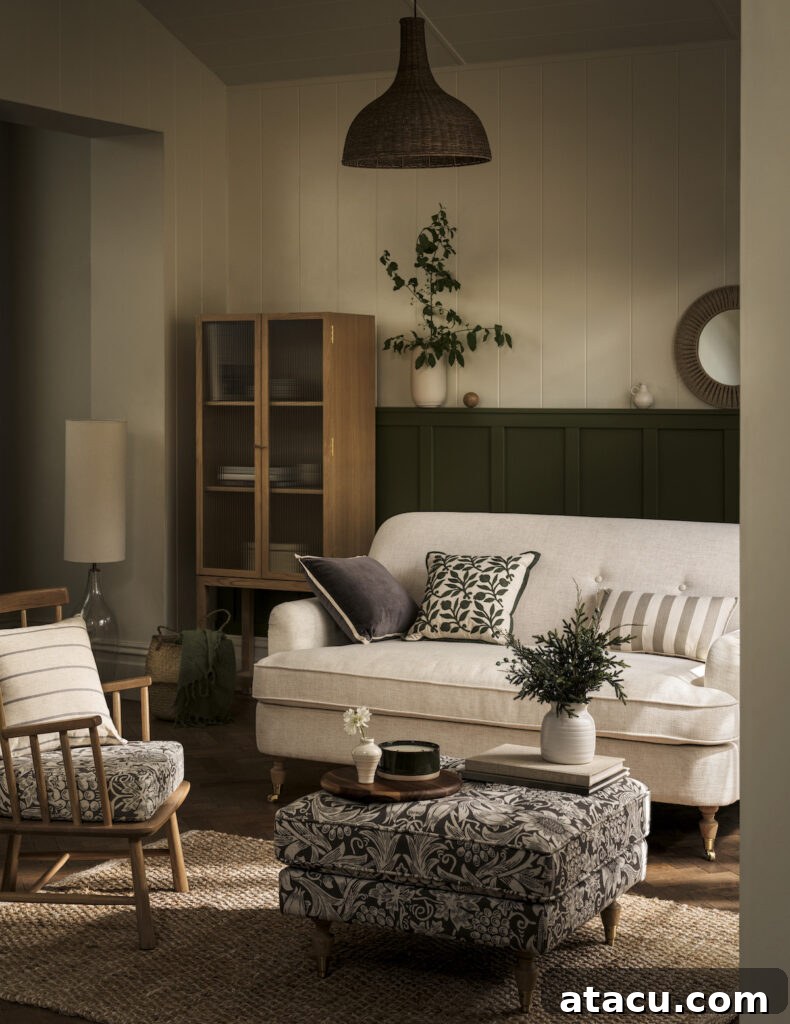 Cosy country living room with a cream sofa, William Morris print footstool, and natural wood accents for a warm and inviting feel.