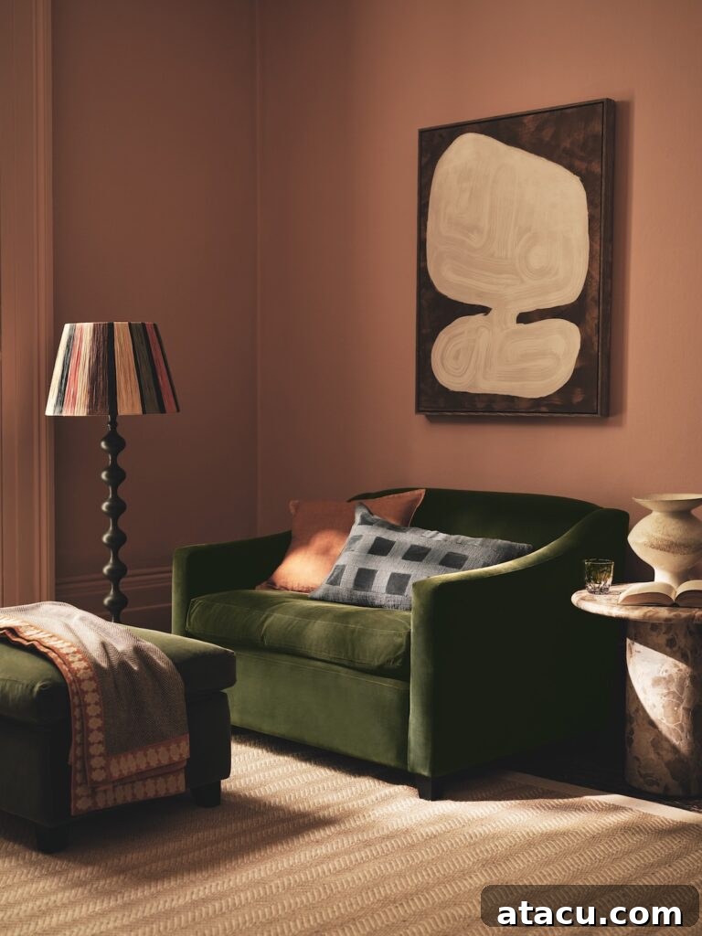 Cosy living room with a dark green velvet armchair, soft pillows, and a warm, earth-toned wall, perfect for relaxation.